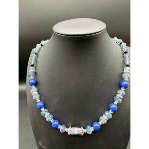 Vintage Sodalite and Crystal Bead Necklace Silver Tone Accents‎ Faceted Beads